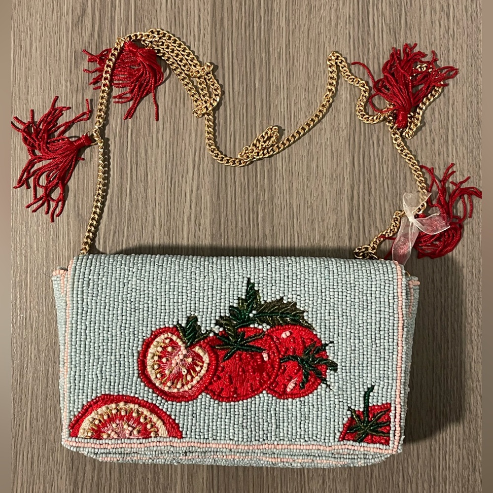 Blue Beaded Red Tomatoes Bag with Gold Chain and Red Tassels Women Bag